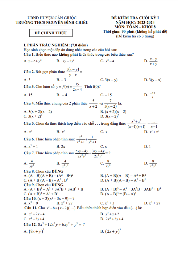 Đề cuối học kì 1 (HK1) lớp 8 môn Toán năm 2023 2024 trường THCS Nguyễn Đình Chiểu Long An