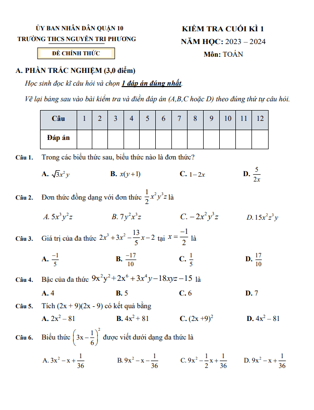 Đề cuối học kì 1 (HK1) lớp 8 môn Toán năm 2023 2024 trường THCS Nguyễn Tri Phương TP HCM