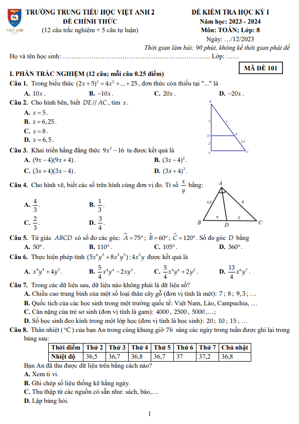 Đề cuối học kì 1 (HK1) lớp 8 môn Toán năm 2023 2024 trường Việt Anh 2 Bình Dương