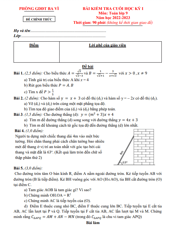Đề cuối học kì 1 (HK1) lớp 9 môn Toán năm 2022 2023 phòng GD ĐT Ba Vì Hà Nội