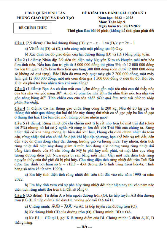 Đề cuối học kì 1 (HK1) lớp 9 môn Toán năm 2022 2023 phòng GD ĐT Bình Tân TP HCM