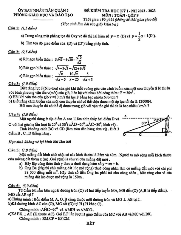 Đề cuối học kì 1 (HK1) lớp 9 môn Toán năm 2022 2023 phòng GD ĐT Quận 5 TP HCM