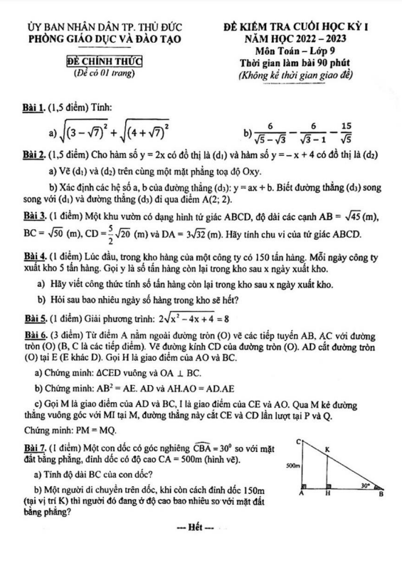 Đề cuối học kì 1 (HK1) lớp 9 môn Toán năm 2022 2023 phòng GD ĐT Thủ Đức TP HCM