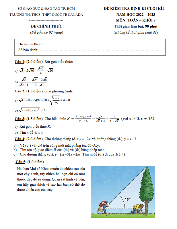 Đề cuối học kì 1 (HK1) lớp 9 môn Toán năm 2022 2023 trường Quốc tế Canada TP HCM