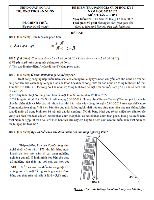 Đề cuối học kì 1 (HK1) lớp 9 môn Toán năm 2022 2023 trường THCS An Nhơn TP HCM