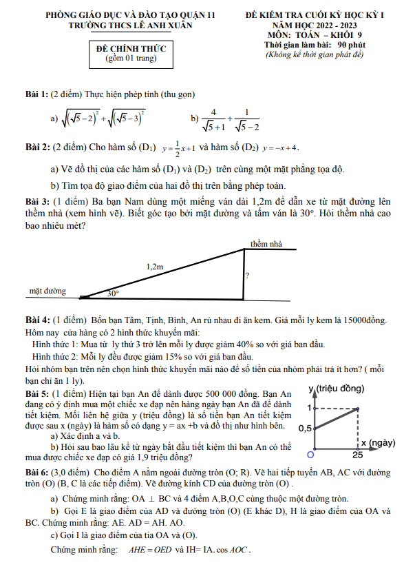 Đề cuối học kì 1 (HK1) lớp 9 môn Toán năm 2022 2023 trường THCS Lê Anh Xuân TP HCM