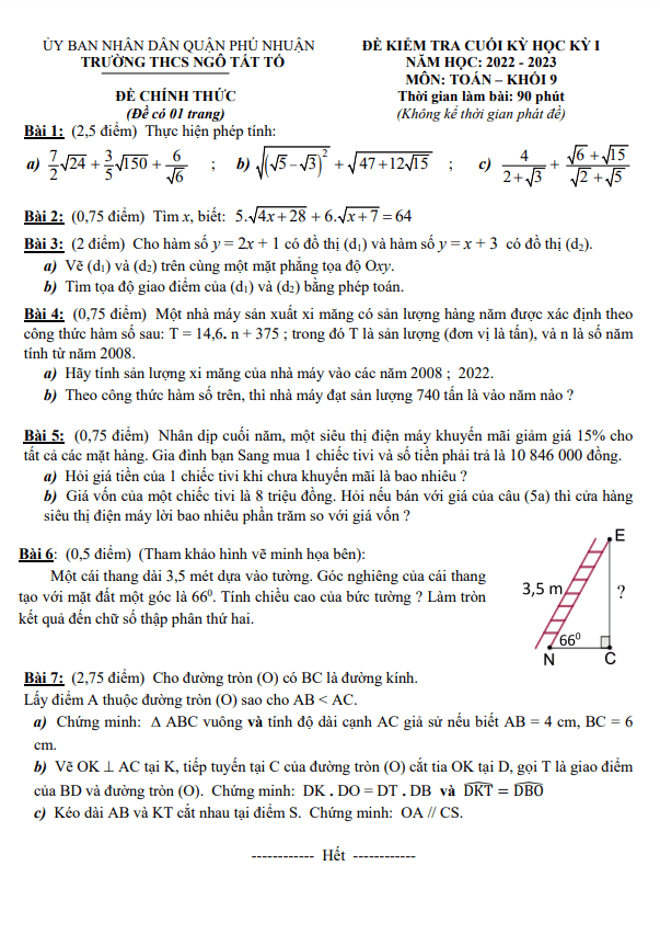 Đề cuối học kì 1 (HK1) lớp 9 môn Toán năm 2022 2023 trường THCS Ngô Tất Tố TP HCM