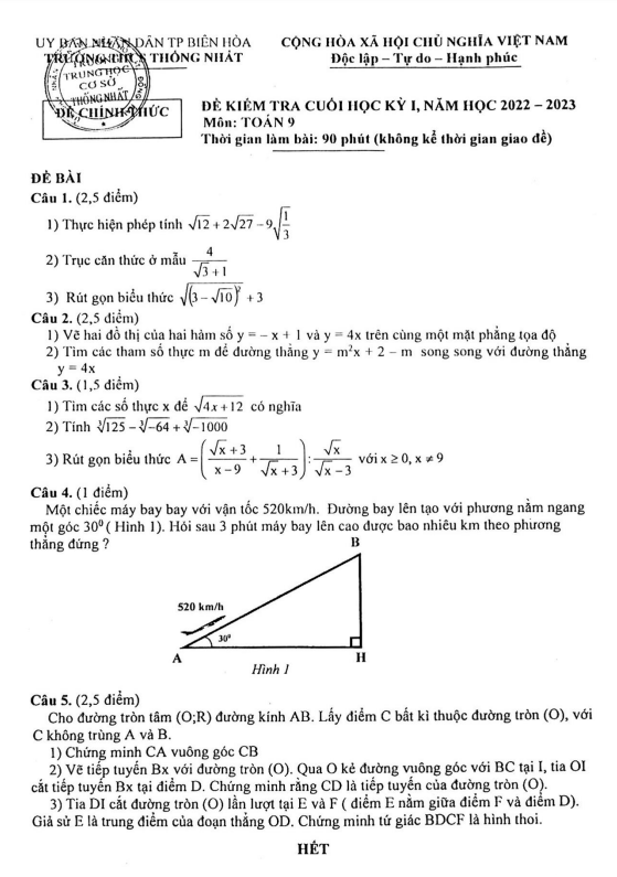 Đề cuối học kì 1 (HK1) lớp 9 môn Toán năm 2022 2023 trường THCS Thống Nhất Đồng Nai