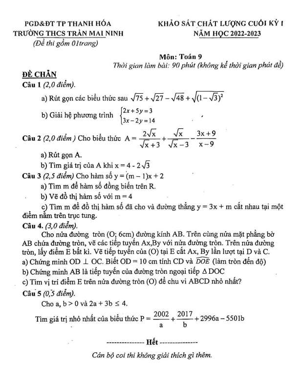 Đề cuối học kì 1 (HK1) lớp 9 môn Toán năm 2022 2023 trường THCS Trần Mai Ninh Thanh Hóa