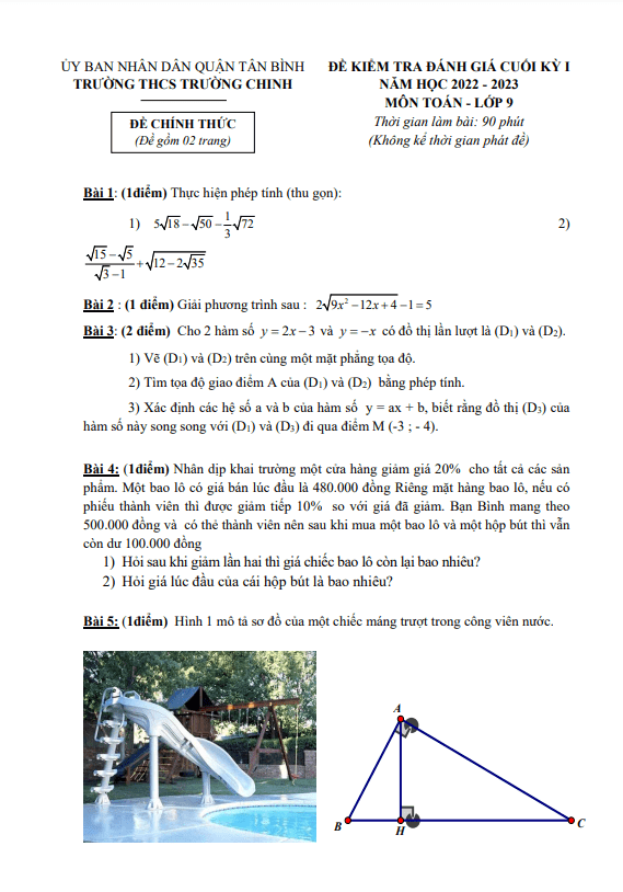 Đề cuối học kì 1 (HK1) lớp 9 môn Toán năm 2022 2023 trường THCS Trường Chinh TP HCM