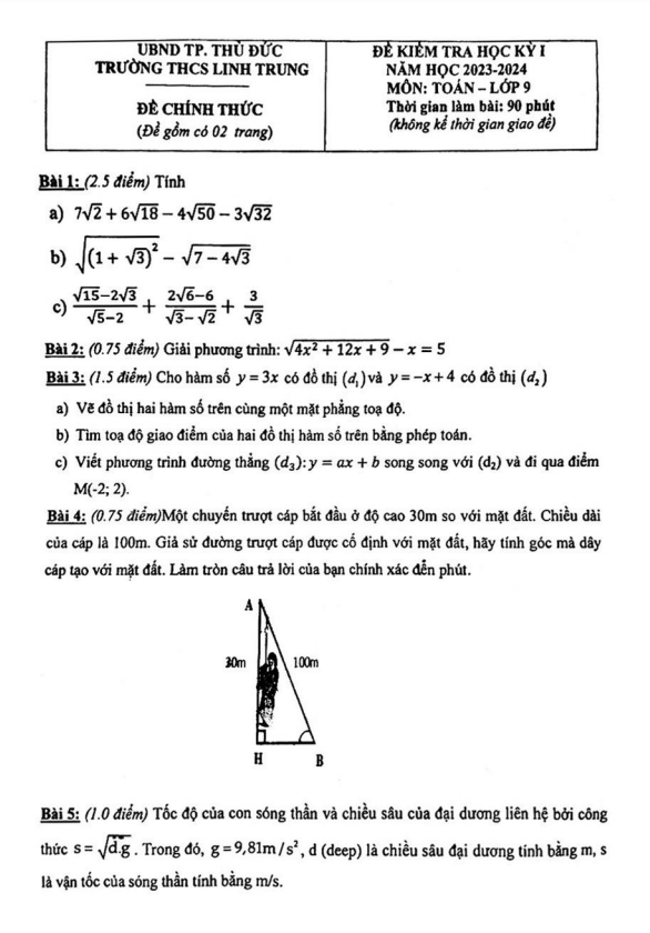 Đề cuối học kì 1 (HK1) lớp 9 môn Toán năm 2023 2024 trường THCS Linh Trung TP HCM