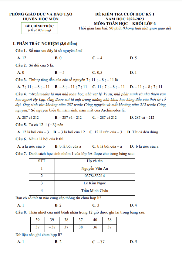 Đề cuối học kì 1 (HK1) Toán 6 năm 2022 2023 phòng GD ĐT Hóc Môn TP HCM