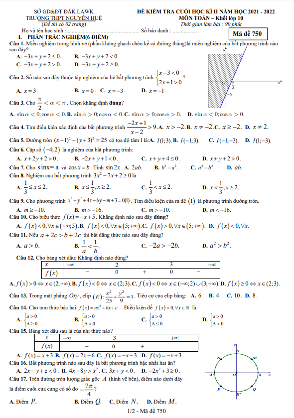 Đề cuối học kì 2 (HK2) lớp 10 môn Toán năm 2021 2022 trường THPT Nguyễn Huệ Đắk Lắk