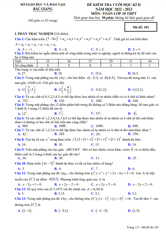 Đề cuối học kì 2 (HK2) lớp 10 môn Toán năm 2022 2023 sở GD ĐT Bắc Giang