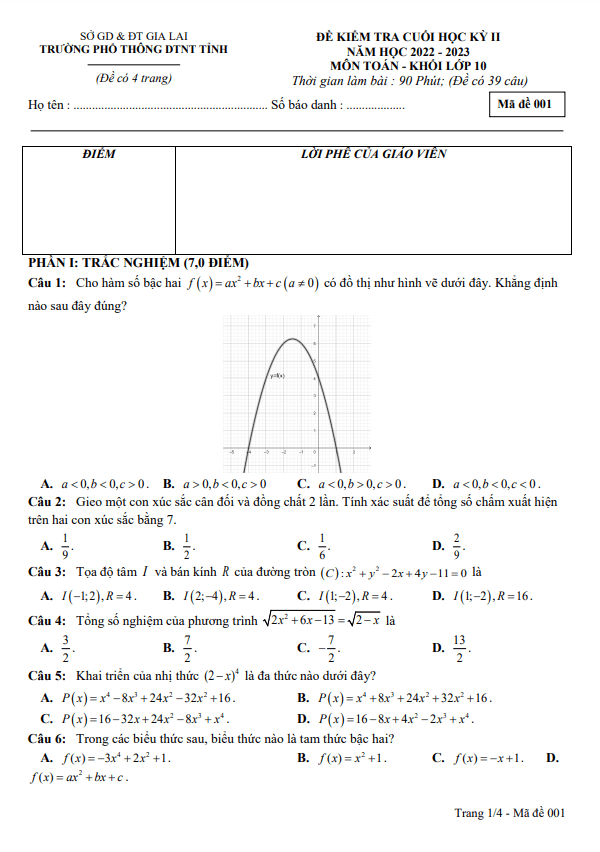Đề cuối học kì 2 (HK2) lớp 10 môn Toán năm 2022 2023 trường Phổ thông DTNT tỉnh Gia Lai