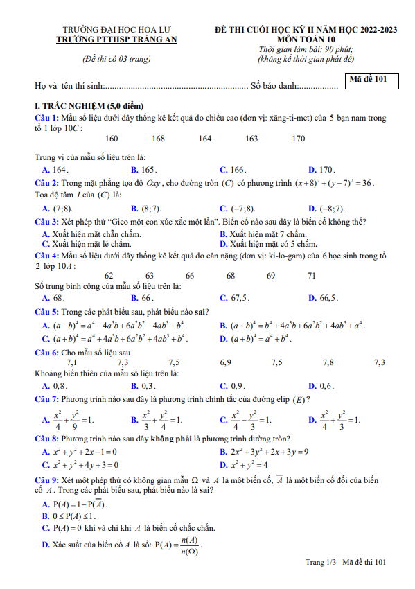 Đề cuối học kì 2 (HK2) lớp 10 môn Toán năm 2022 2023 trường PTTHSP Tràng An Ninh Bình