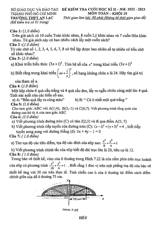 Đề cuối học kì 2 (HK2) lớp 10 môn Toán năm 2022 2023 trường THPT An Lạc TP HCM
