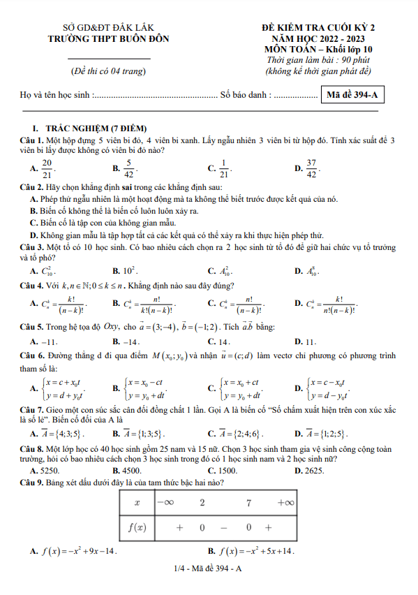 Đề cuối học kì 2 (HK2) lớp 10 môn Toán năm 2022 2023 trường THPT Buôn Đôn Đắk Lắk
