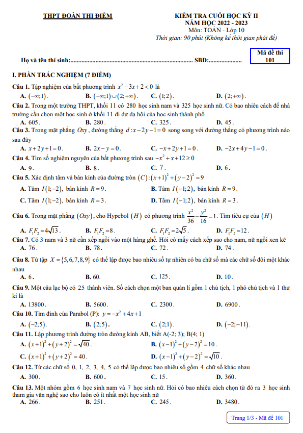 Đề cuối học kì 2 (HK2) lớp 10 môn Toán năm 2022 2023 trường THPT Đoàn Thị Điểm Quảng Ninh