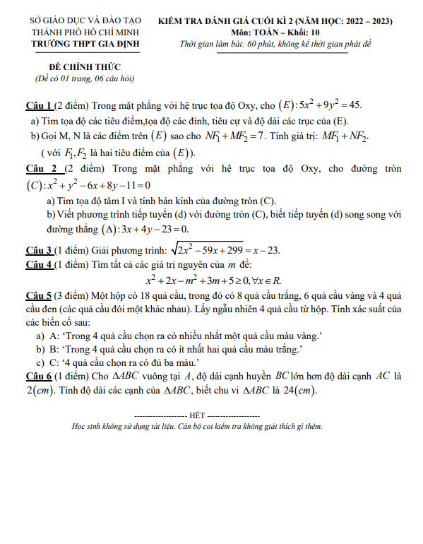 Đề cuối học kì 2 (HK2) lớp 10 môn Toán năm 2022 2023 trường THPT Gia Định TP HCM