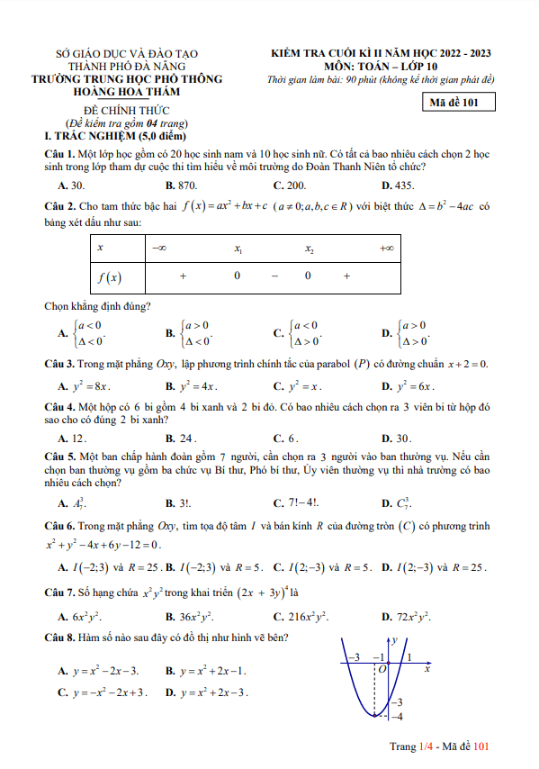 Đề cuối học kì 2 (HK2) lớp 10 môn Toán năm 2022 2023 trường THPT Hoàng Hoa Thám Đà Nẵng