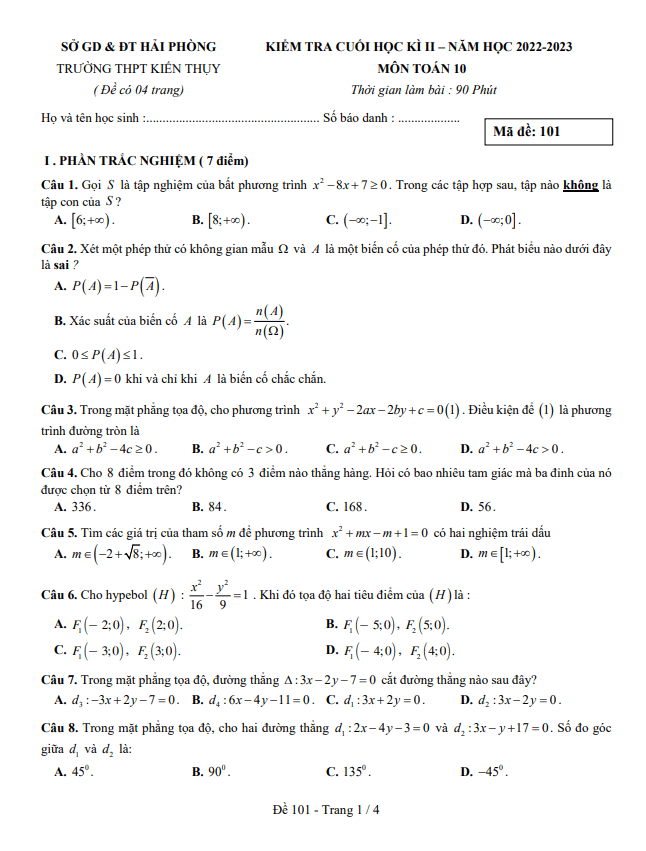 Đề cuối học kì 2 (HK2) lớp 10 môn Toán năm 2022 2023 trường THPT Kiến Thụy Hải Phòng