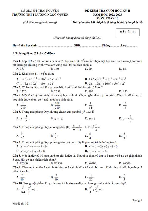 Đề cuối học kì 2 (HK2) lớp 10 môn Toán năm 2022 2023 trường THPT Lương Ngọc Quyến Thái Nguyên