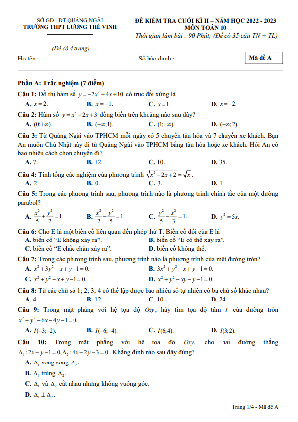 Đề cuối học kì 2 (HK2) lớp 10 môn Toán năm 2022 2023 trường THPT Lương Thế Vinh Quảng Ngãi