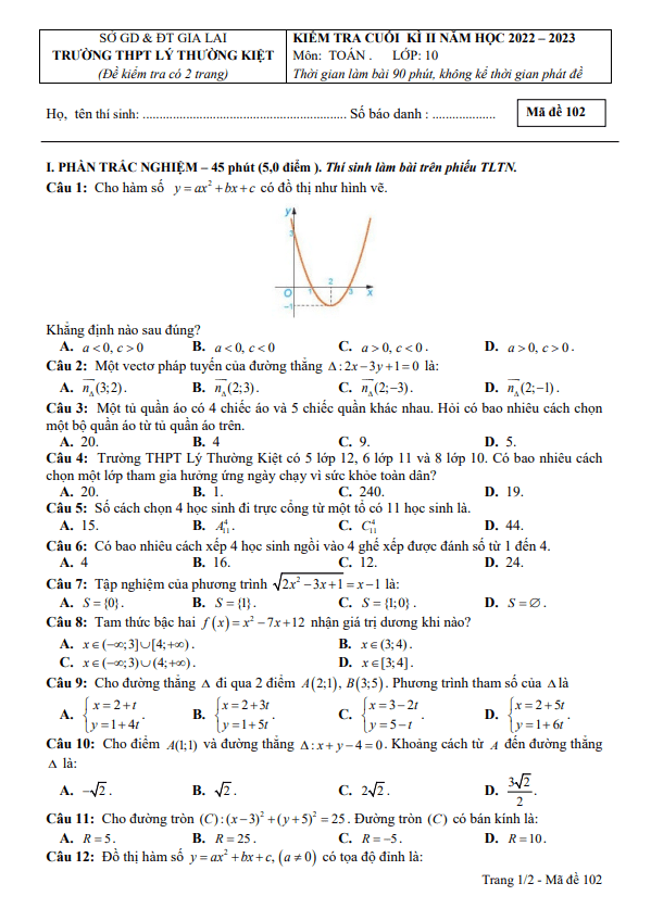 Đề cuối học kì 2 (HK2) lớp 10 môn Toán năm 2022 2023 trường THPT Lý Thường Kiệt Gia Lai