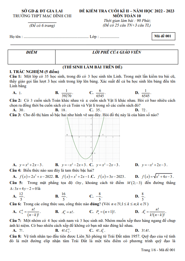 Đề cuối học kì 2 (HK2) lớp 10 môn Toán năm 2022 2023 trường THPT Mạc Đĩnh Chi Gia Lai
