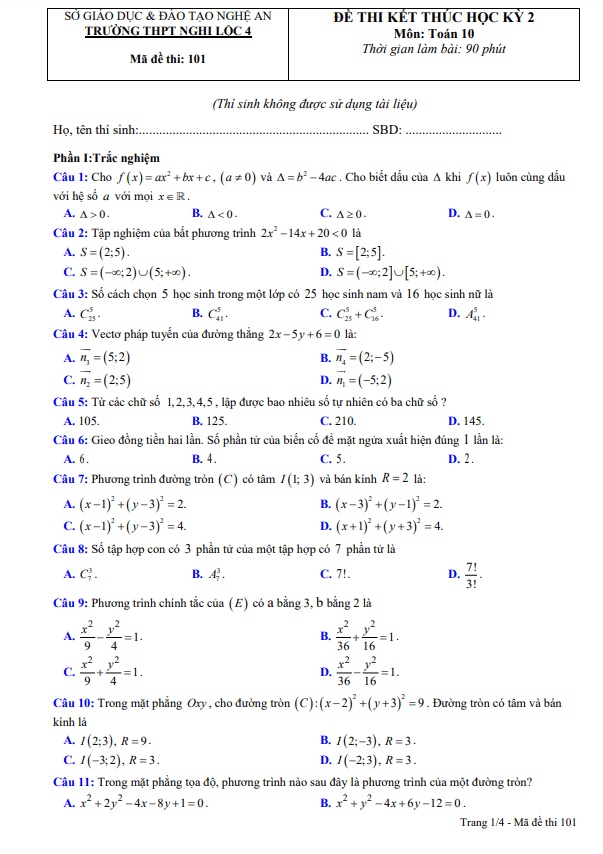 Đề cuối học kì 2 (HK2) lớp 10 môn Toán năm 2022 2023 trường THPT Nghi Lộc 4 Nghệ An