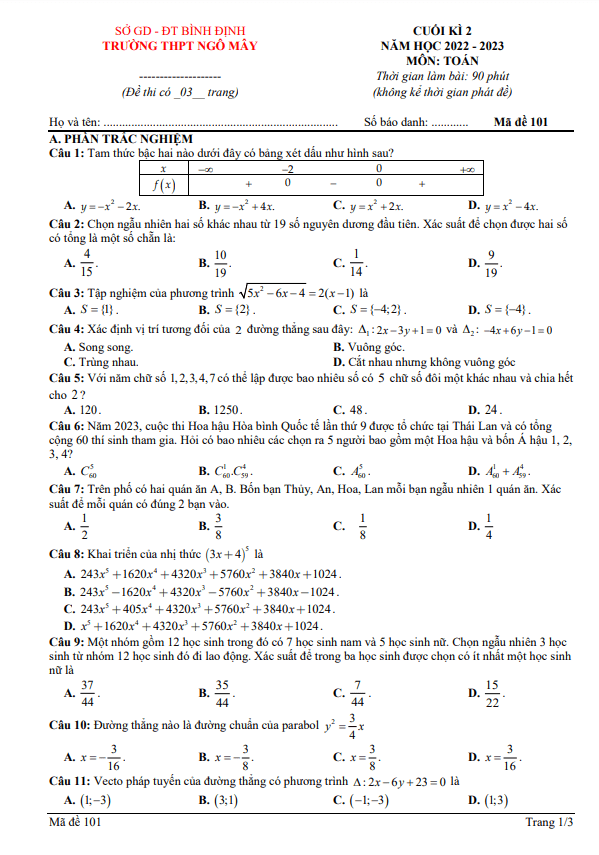 Đề cuối học kì 2 (HK2) lớp 10 môn Toán năm 2022 2023 trường THPT Ngô Mây Bình Định