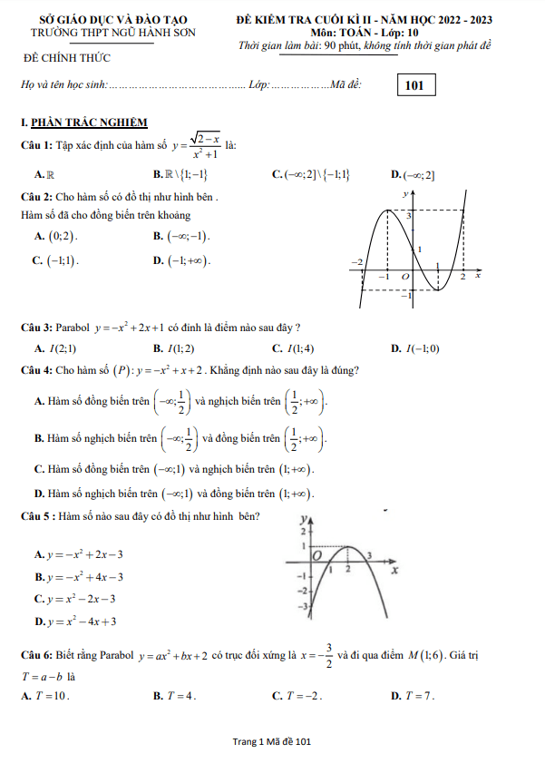 Đề cuối học kì 2 (HK2) lớp 10 môn Toán năm 2022 2023 trường THPT Ngũ Hành Sơn Đà Nẵng