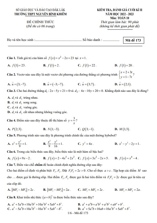 Đề cuối học kì 2 (HK2) lớp 10 môn Toán năm 2022 2023 trường THPT Nguyễn Bỉnh Khiêm Đắk Lắk