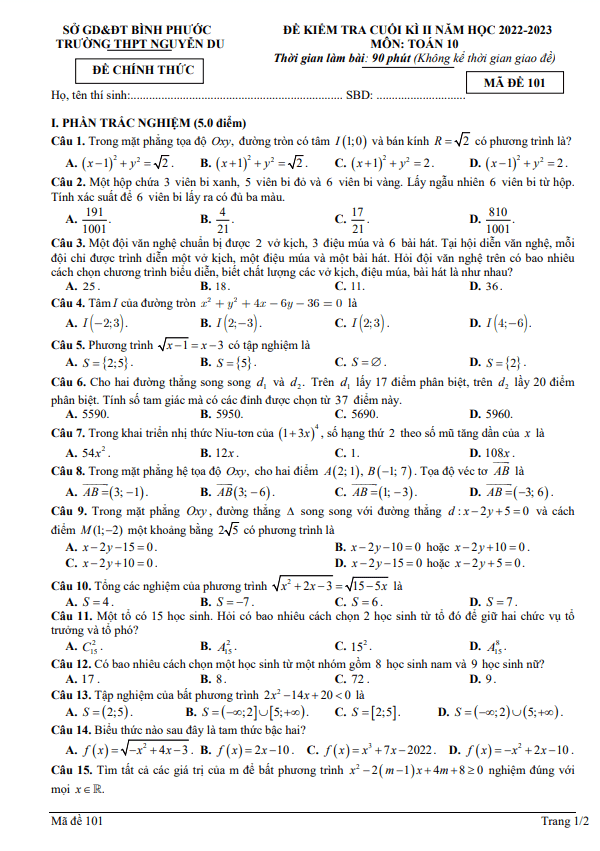 Đề cuối học kì 2 (HK2) lớp 10 môn Toán năm 2022 2023 trường THPT Nguyễn Du Bình Phước