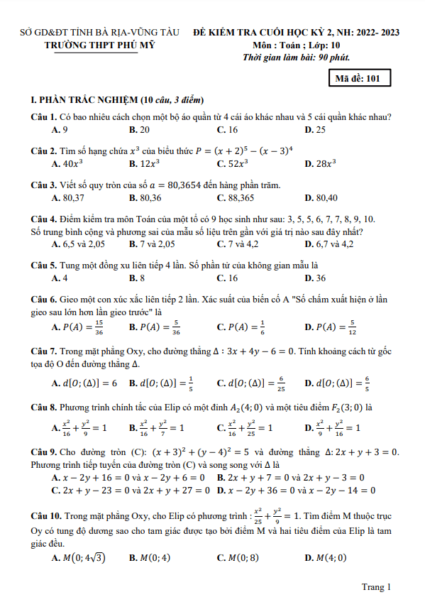 Đề cuối học kì 2 (HK2) lớp 10 môn Toán năm 2022 2023 trường THPT Phú Mỹ BR VT
