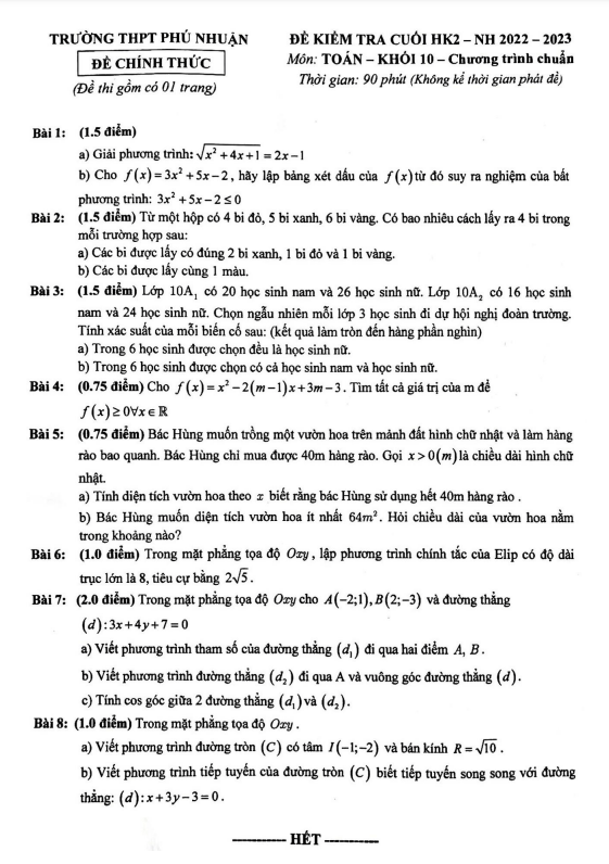Đề cuối học kì 2 (HK2) lớp 10 môn Toán năm 2022 2023 trường THPT Phú Nhuận TP HCM