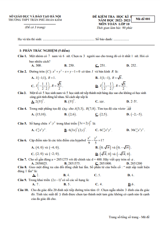 Đề cuối học kì 2 (HK2) lớp 10 môn Toán năm 2022 2023 trường THPT Trần Phú Hà Nội