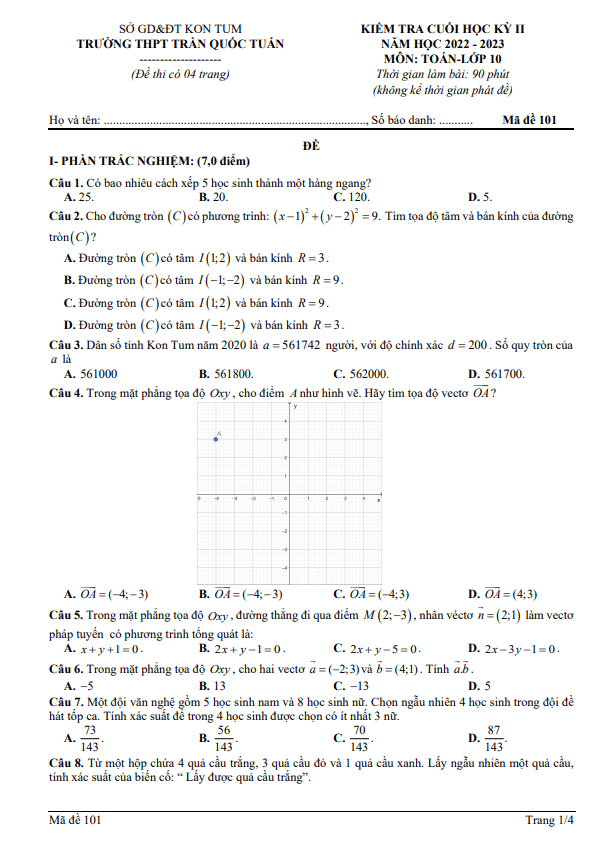 Đề cuối học kì 2 (HK2) lớp 10 môn Toán năm 2022 2023 trường THPT Trần Quốc Tuấn Kon Tum