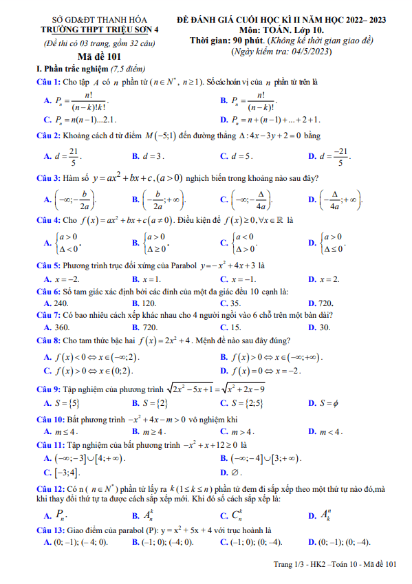 Đề cuối học kì 2 (HK2) lớp 10 môn Toán năm 2022 2023 trường THPT Triệu Sơn 4 Thanh Hóa