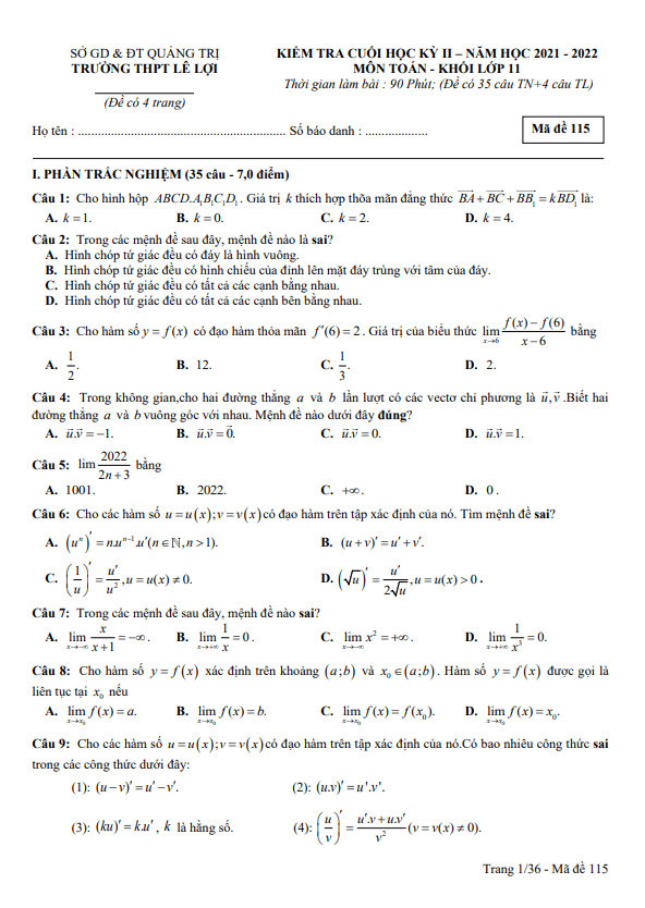 Đề cuối học kì 2 (HK2) lớp 11 môn Toán năm 2021 2022 trường THPT Lê Lợi Quảng Trị