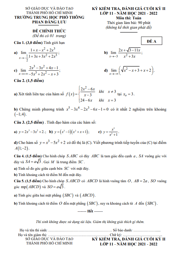 Đề cuối học kì 2 (HK2) lớp 11 môn Toán năm 2021 2022 trường THPT Phan Đăng Lưu TP HCM