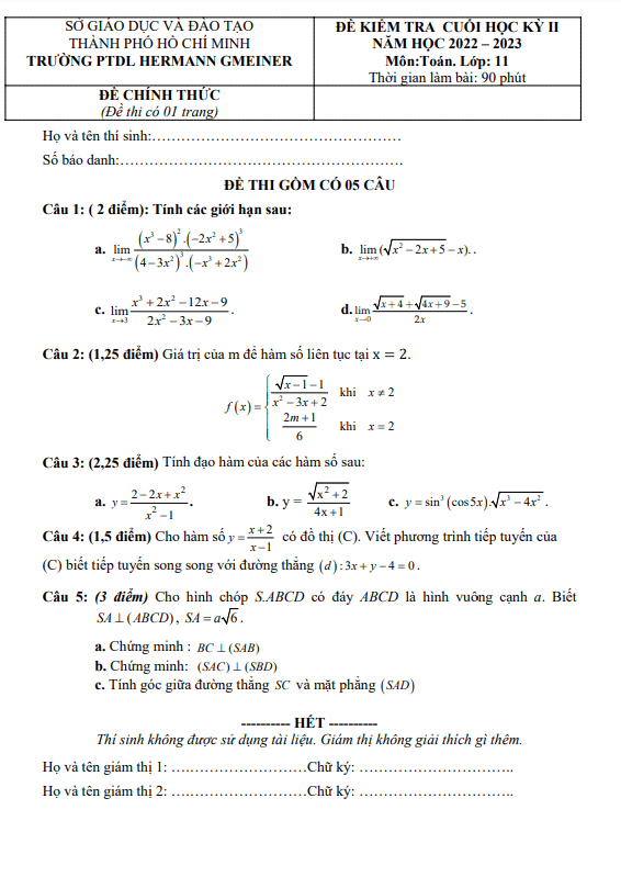 Đề cuối học kì 2 (HK2) lớp 11 môn Toán năm 2022 2023 trường PTDL Hermann Gmeiner TP HCM