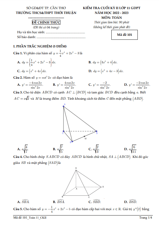Đề cuối học kì 2 (HK2) lớp 11 môn Toán năm 2022 2023 trường Thới Thuận Cần Thơ