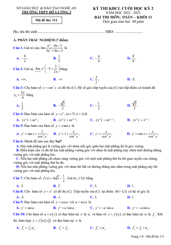 Đề cuối học kì 2 (HK2) lớp 11 môn Toán năm 2022 2023 trường THPT Đô Lương 3 Nghệ An