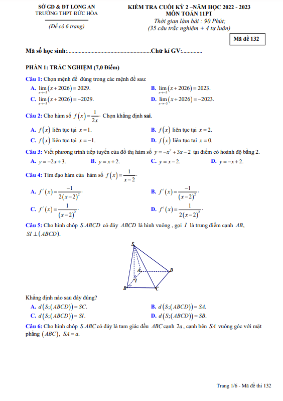 Đề cuối học kì 2 (HK2) lớp 11 môn Toán năm 2022 2023 trường THPT Đức Hòa Long An