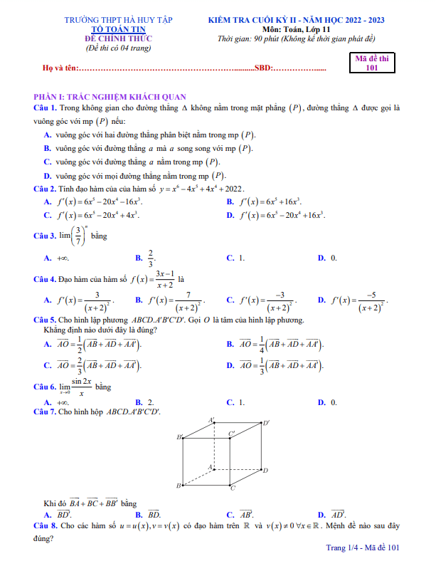 Đề cuối học kì 2 (HK2) lớp 11 môn Toán năm 2022 2023 trường THPT Hà Huy Tập Nghệ An