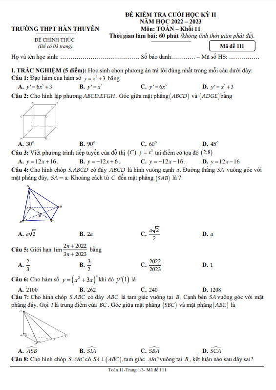 Đề cuối học kì 2 (HK2) lớp 11 môn Toán năm 2022 2023 trường THPT Hàn Thuyên TP HCM