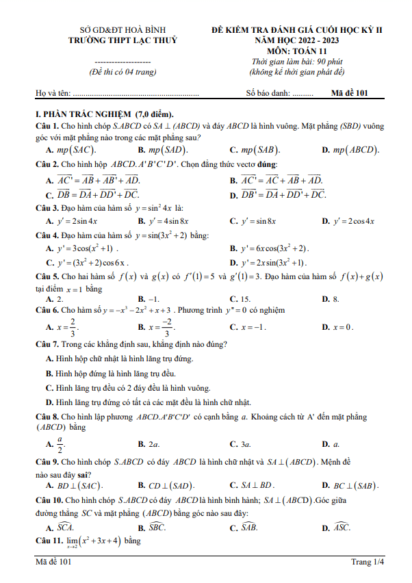 Đề cuối học kì 2 (HK2) lớp 11 môn Toán năm 2022 2023 trường THPT Lạc Thủy Hòa Bình