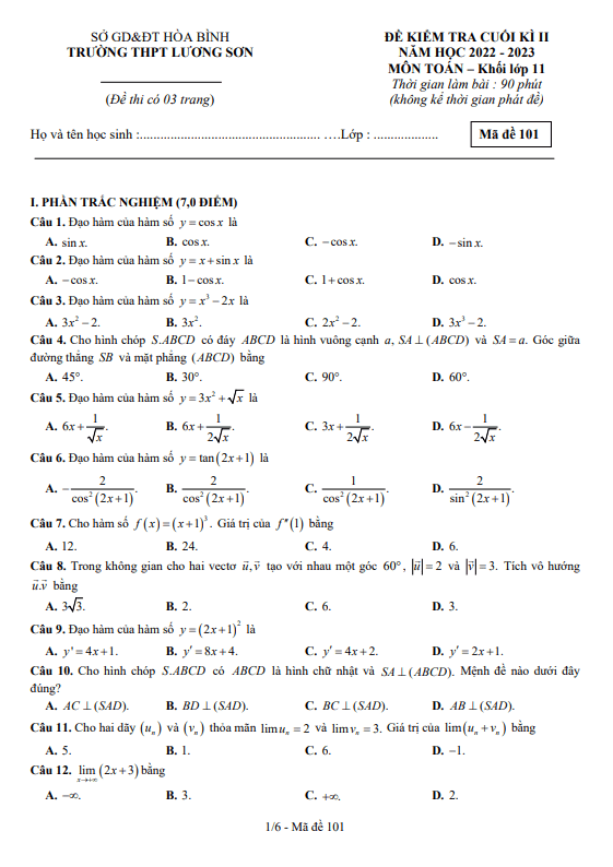 Đề cuối học kì 2 (HK2) lớp 11 môn Toán năm 2022 2023 trường THPT Lương Sơn Hòa Bình